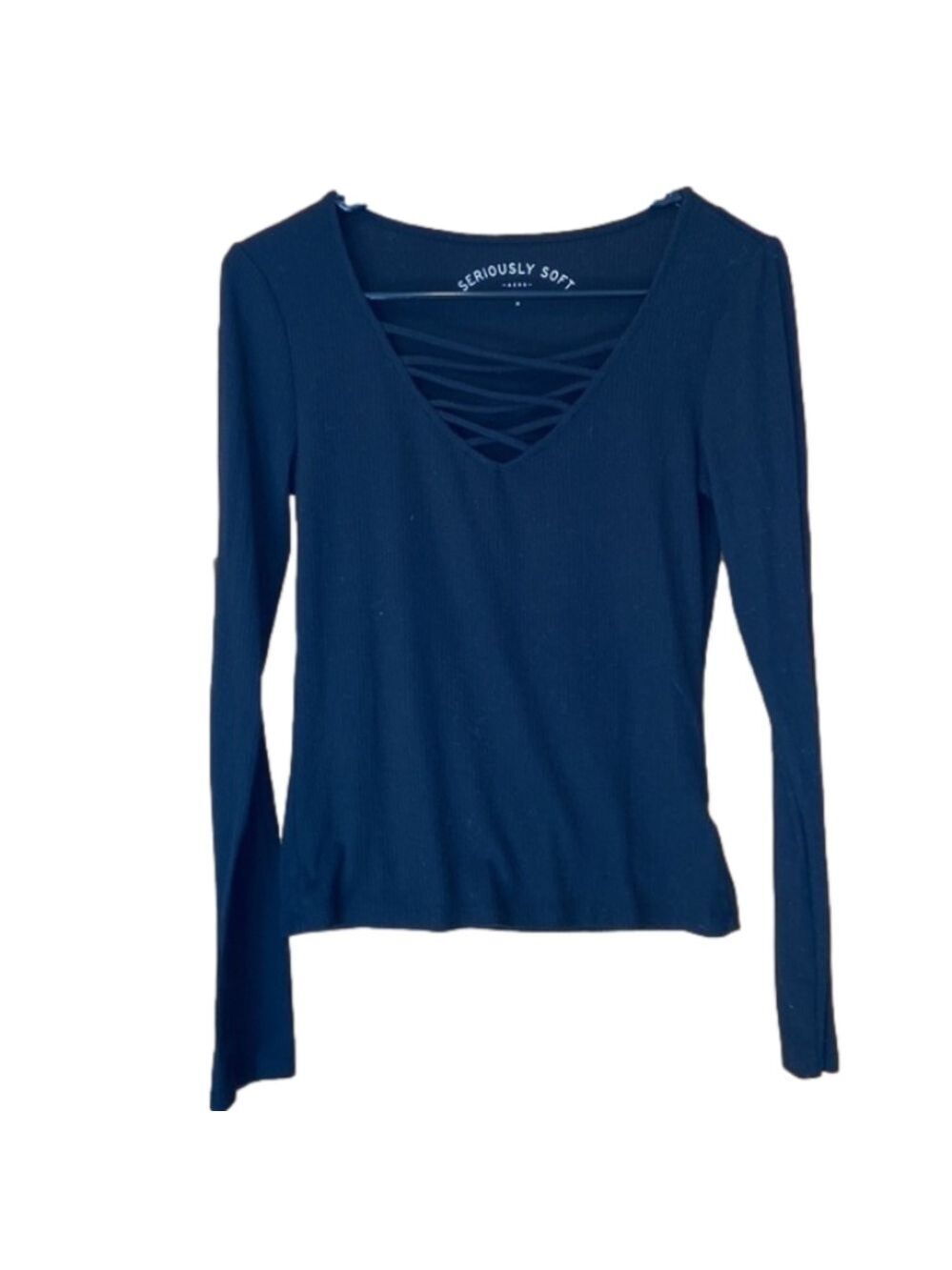 Aeropostle Seriously Soft Black L/S Ribbed V Neck With Crisscross Straps - Med